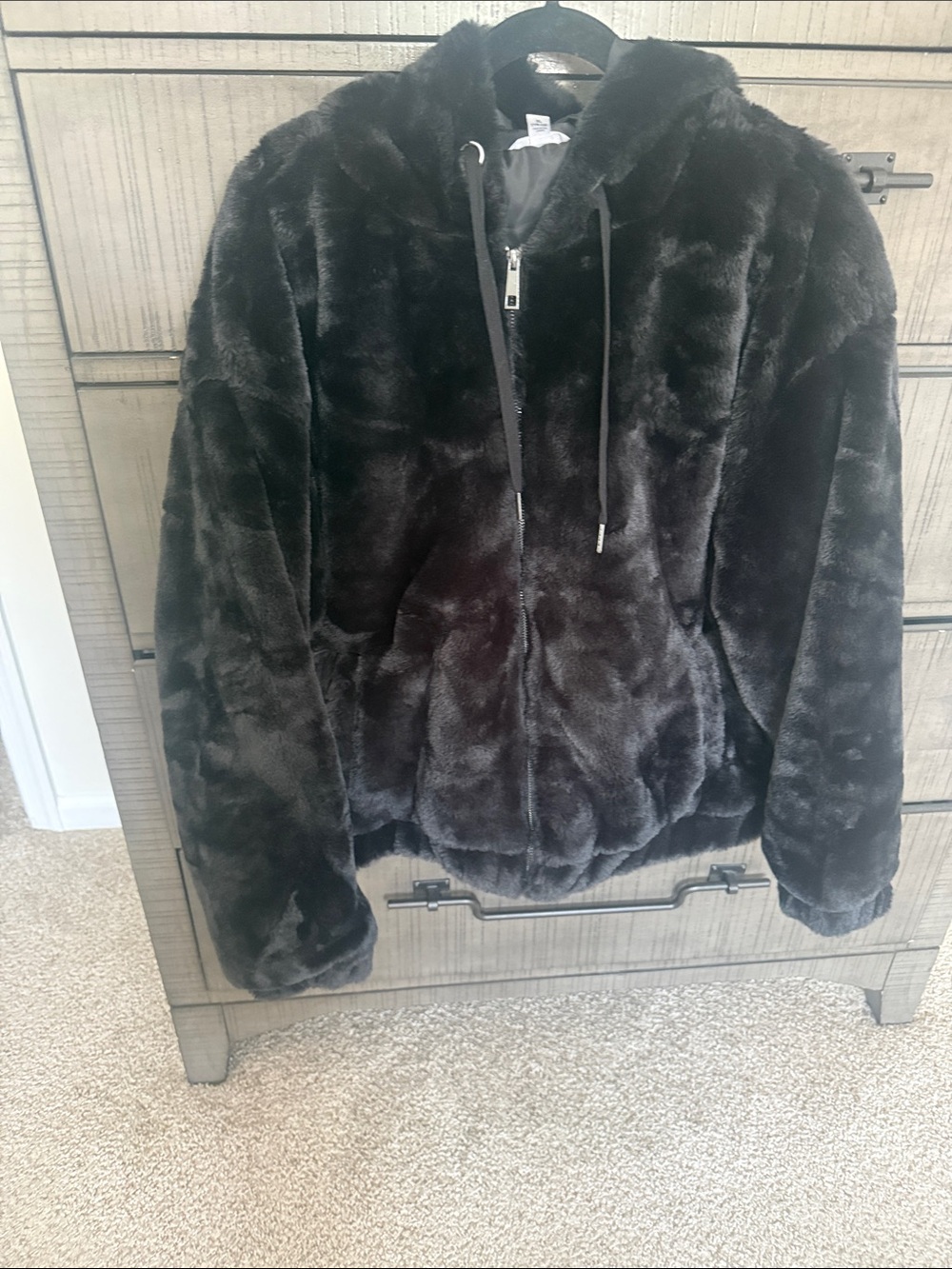 Time and Tru Black Faux Fur Hooded Teddy Jacket